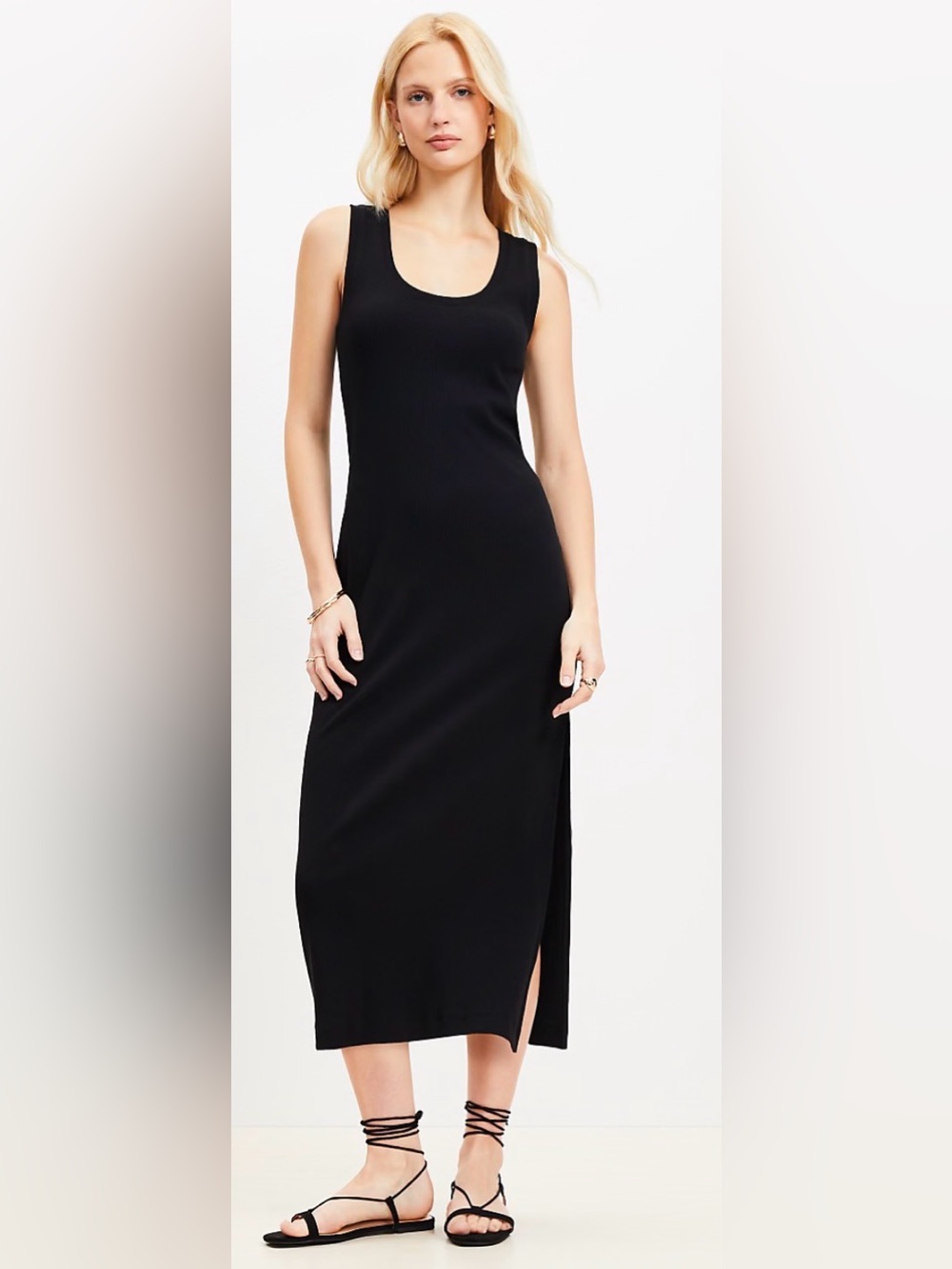 LOFT Perfect Ribbed Tank Midi Dress Black Size LP Petite